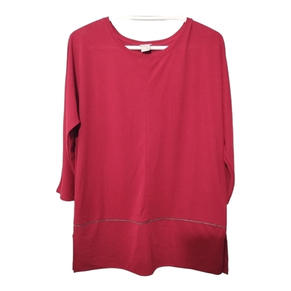Chico's Tops - Chicos Deep Cherry Mesh Hem Knit 3/4  Sleeve Semi Sheer Tunic Top Sz‎ 1 or M